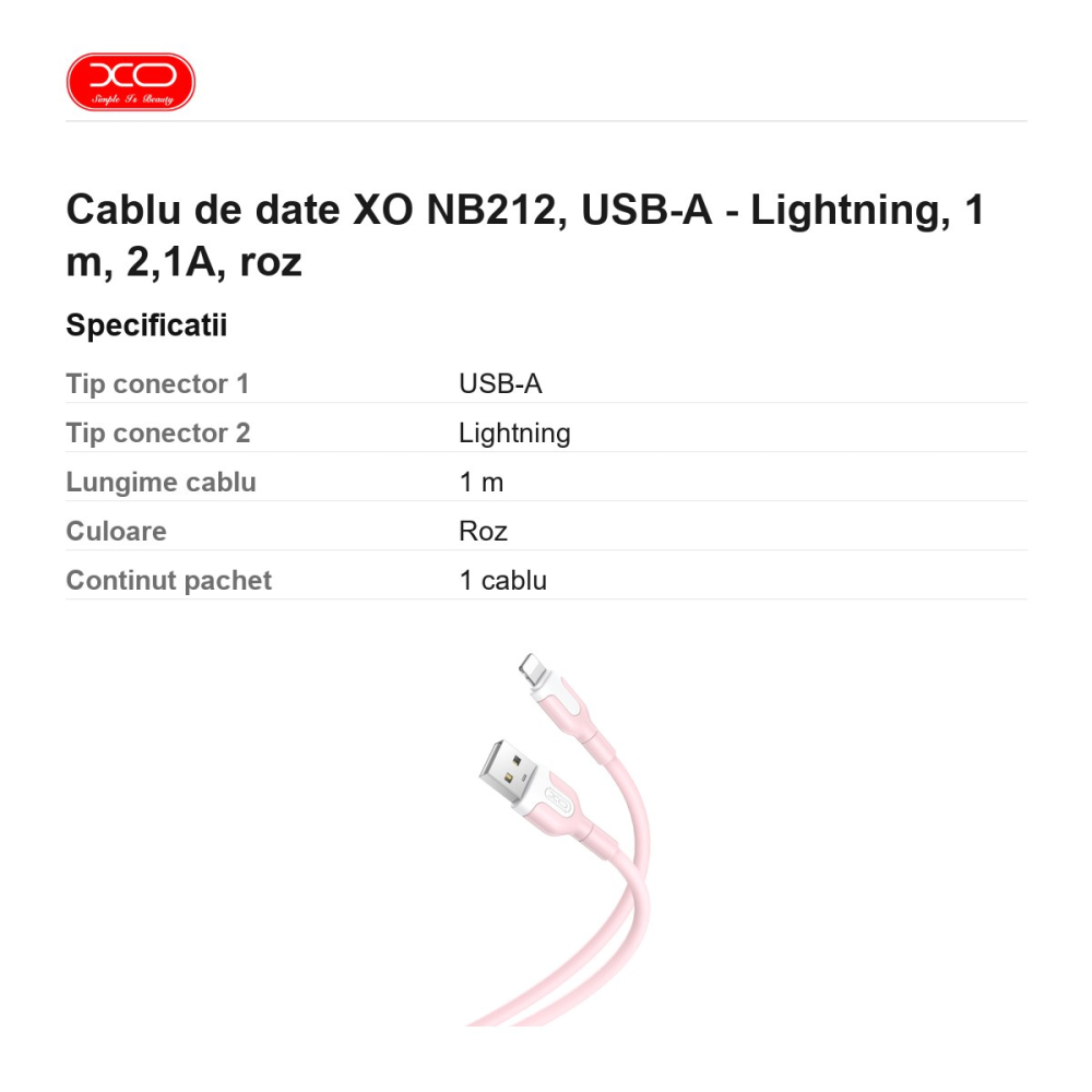Cablu de date XO NB212, USB-A - Lightning, 1 m, 2,1A, roz [3]