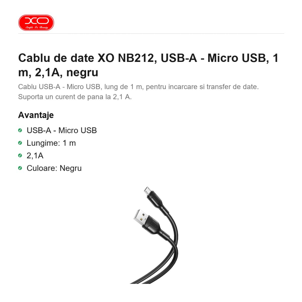Cablu de date XO NB212, USB-A - Micro USB, 1 m, 2,1A, negru [2]