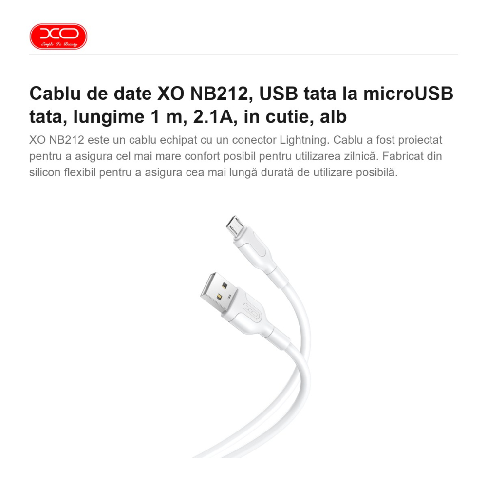 Cablu de date XO NB212, USB tata la microUSB tata, lungime 1 m, 2.1A, in cutie, alb [2]