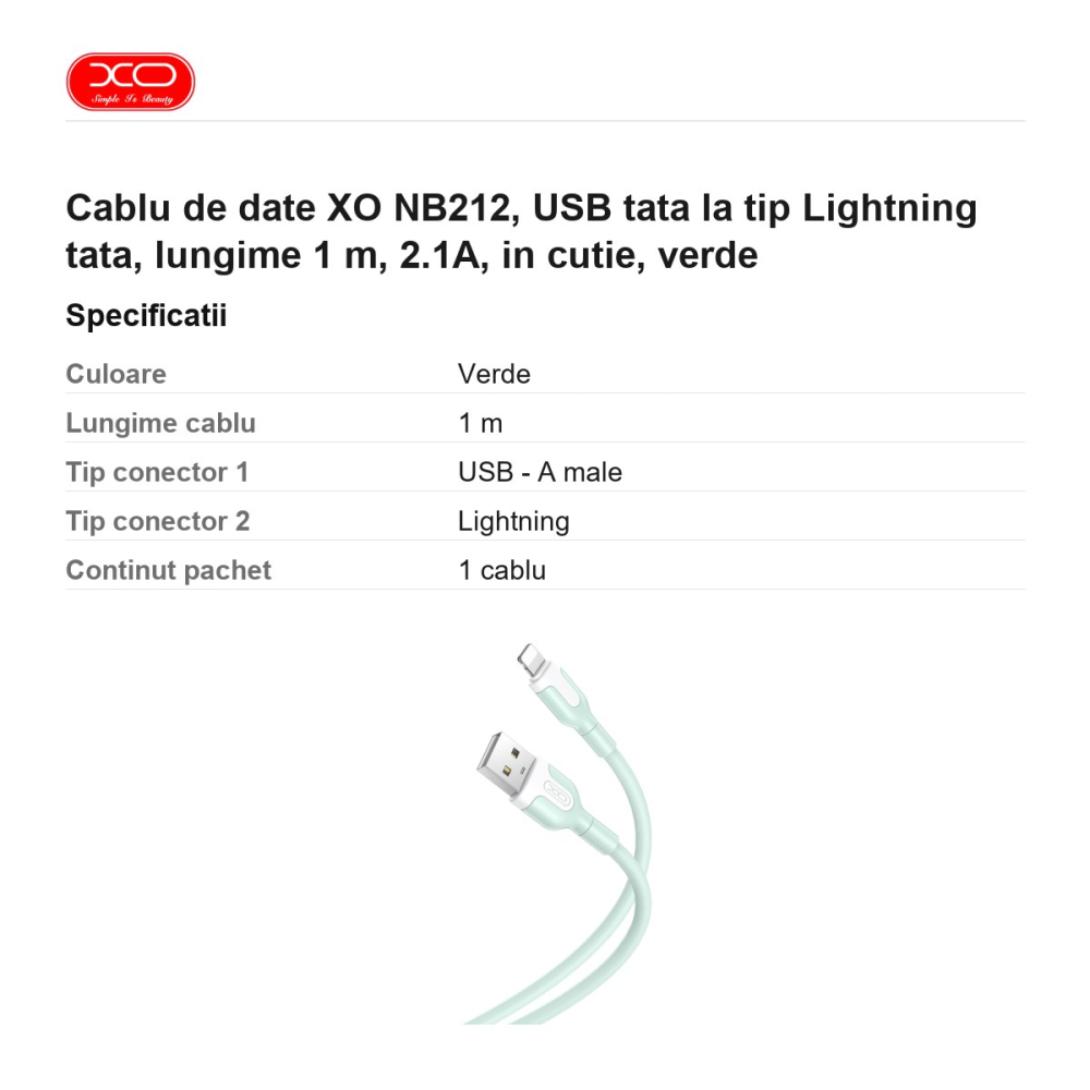 Cablu de date XO NB212, USB tata la tip Lightning tata, lungime 1 m, 2.1A, in cutie, verde [3]