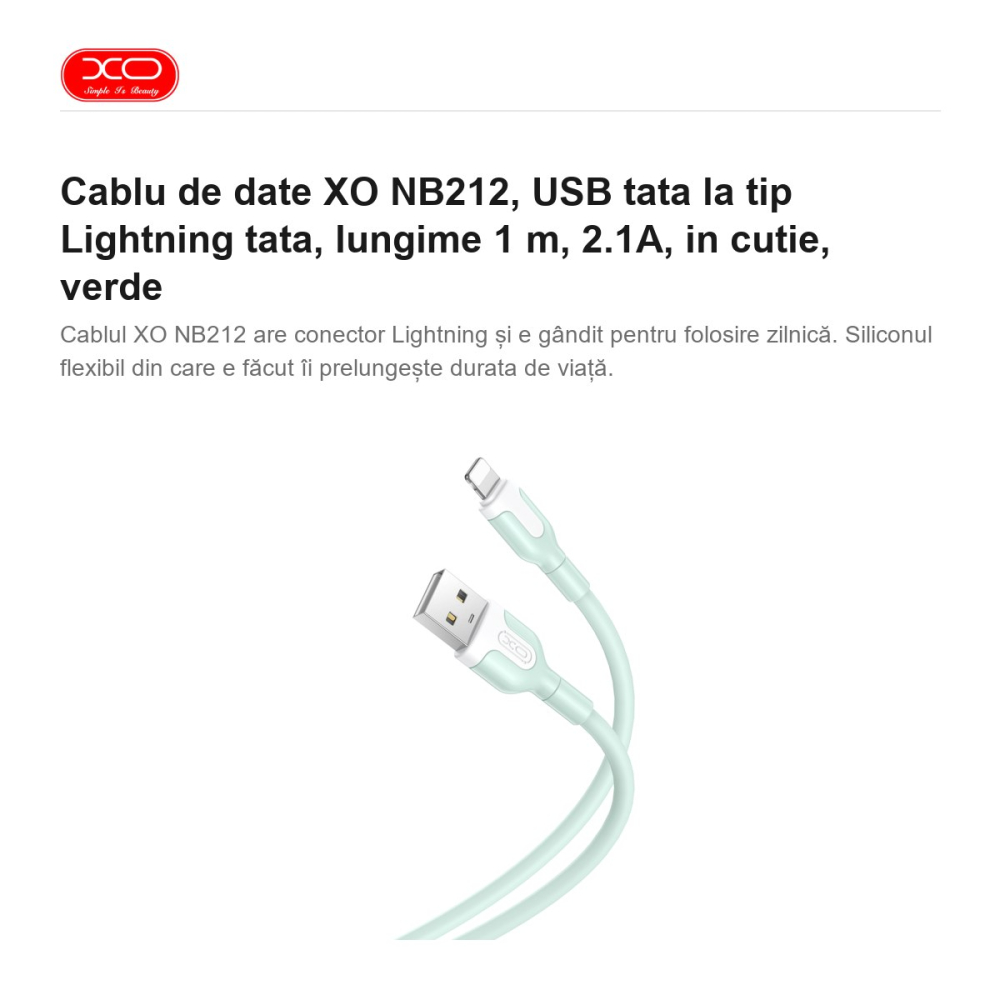 Cablu de date XO NB212, USB tata la tip Lightning tata, lungime 1 m, 2.1A, in cutie, verde [2]