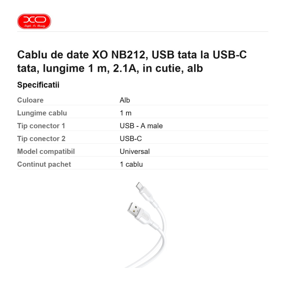 Cablu de date XO NB212, USB tata la USB-C tata, lungime 1 m, 2.1A, in cutie, alb [3]
