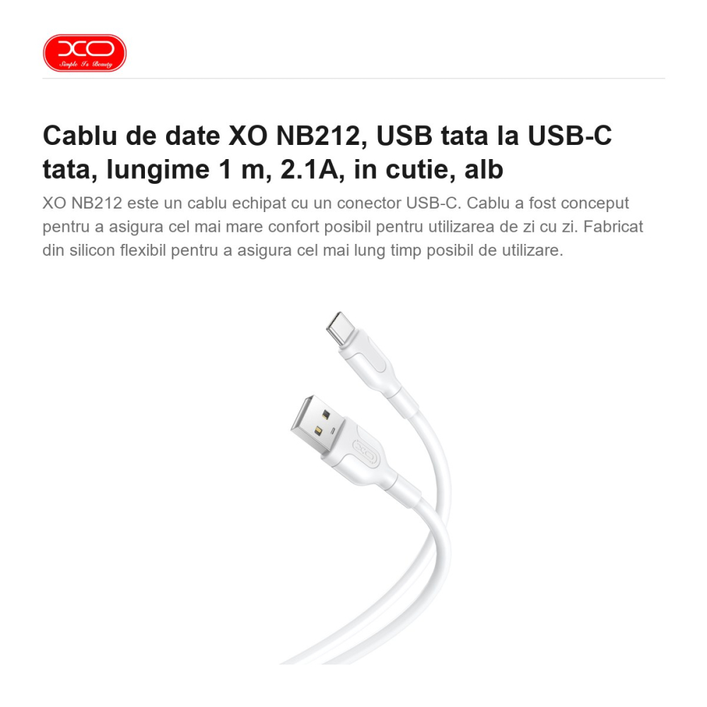 Cablu de date XO NB212, USB tata la USB-C tata, lungime 1 m, 2.1A, in cutie, alb [2]