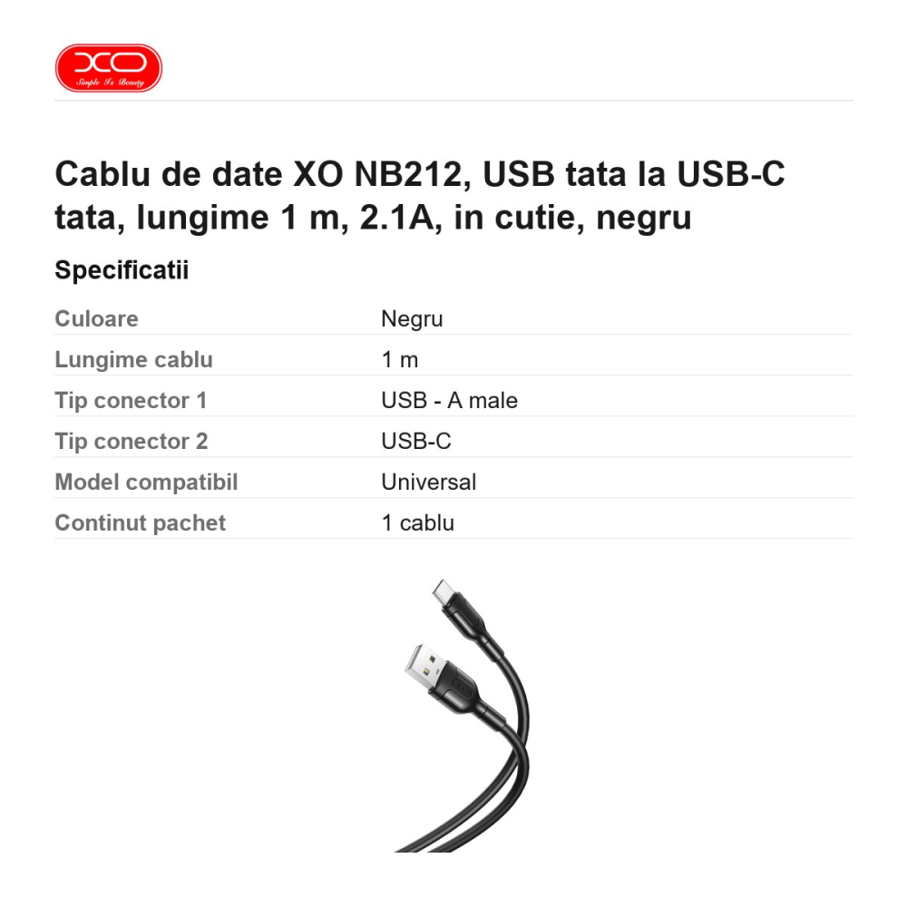 Cablu de date XO NB212, USB tata la USB-C tata, lungime 1 m, 2.1A, in cutie, negru [3]