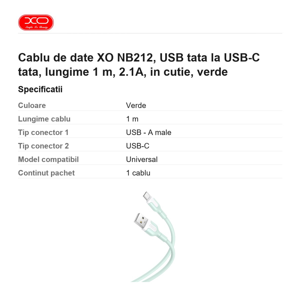 Cablu de date XO NB212, USB tata la USB-C tata, lungime 1 m, 2.1A, in cutie, verde [3]