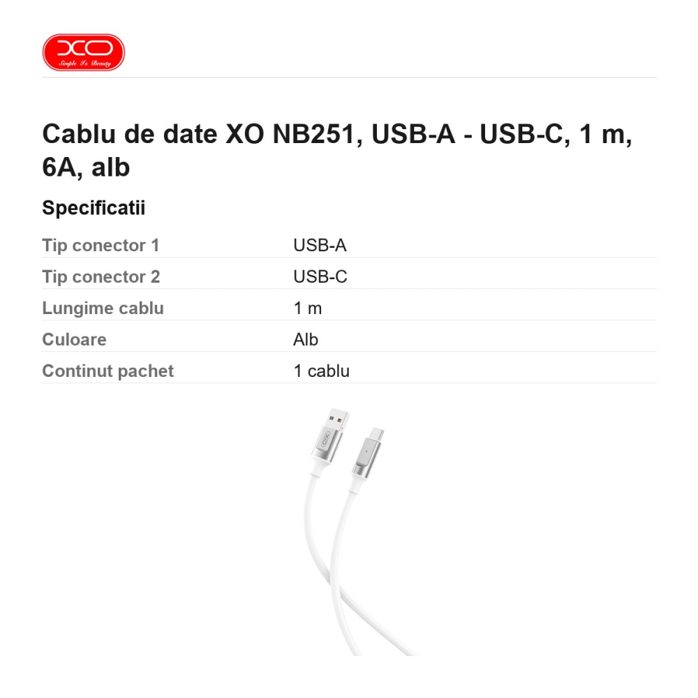 Cablu de date XO NB251, USB-A - USB-C, 1 m, 6A, alb [3]