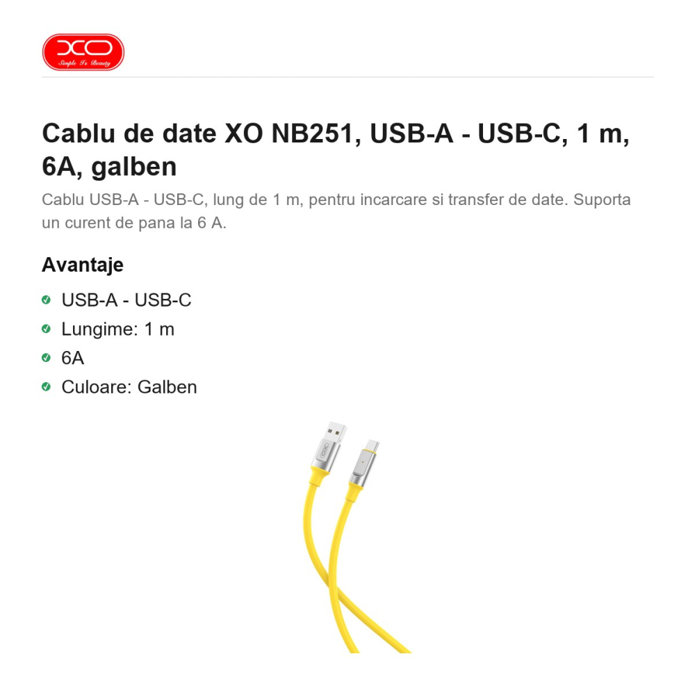 Cablu de date XO NB251, USB-A - USB-C, 1 m, 6A, galben [2]