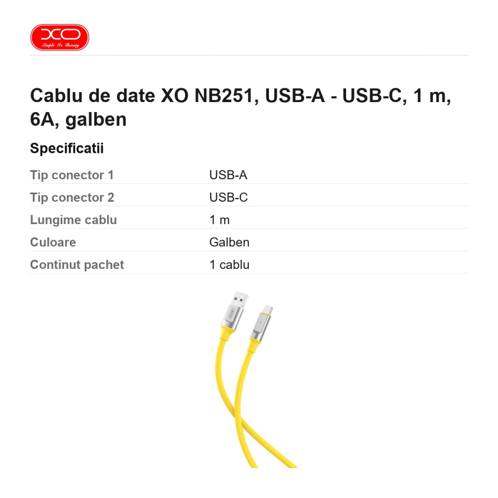 Cablu de date XO NB251, USB-A - USB-C, 1 m, 6A, galben [3]