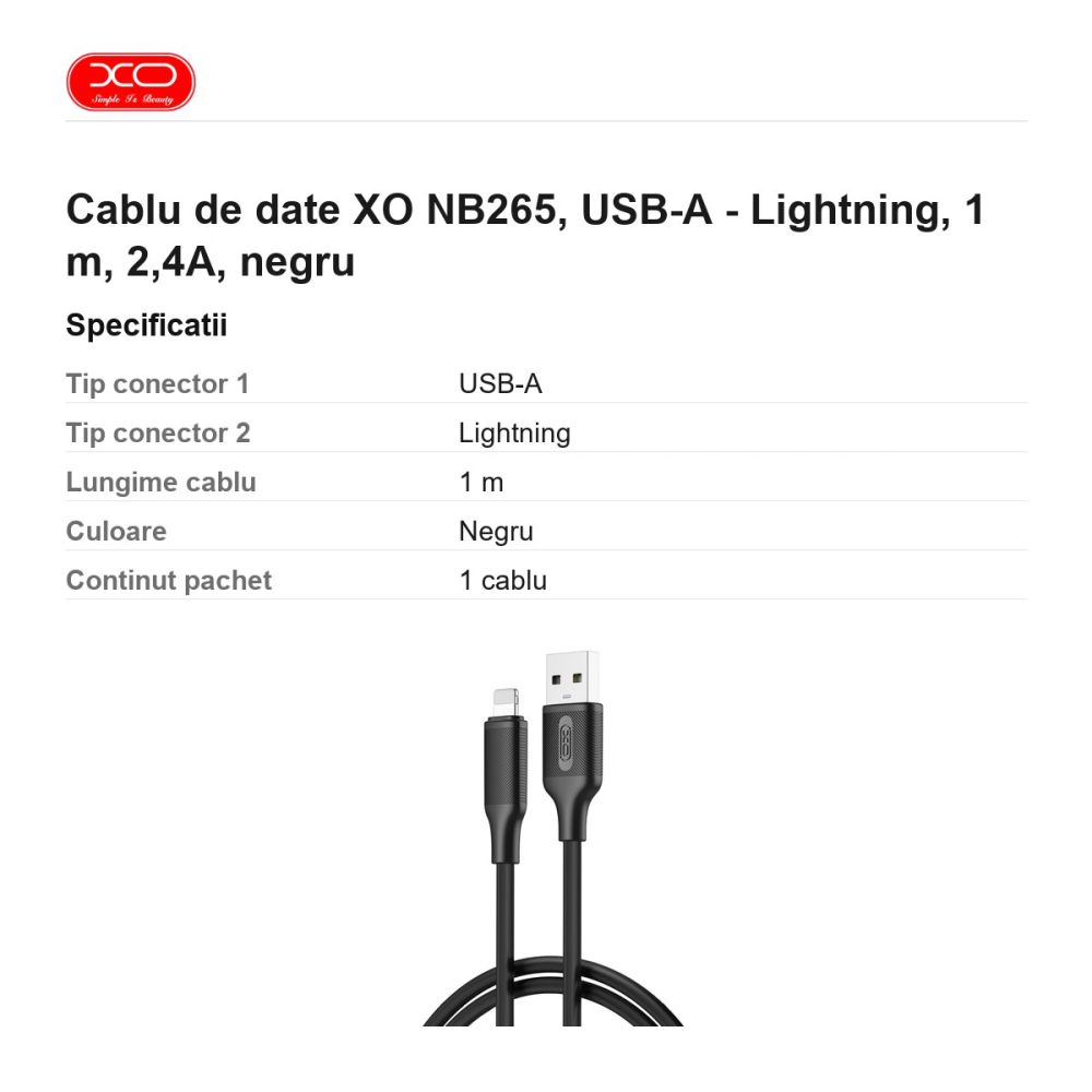 Cablu de date XO NB265, USB-A - Lightning, 1 m, 2,4A, negru [3]