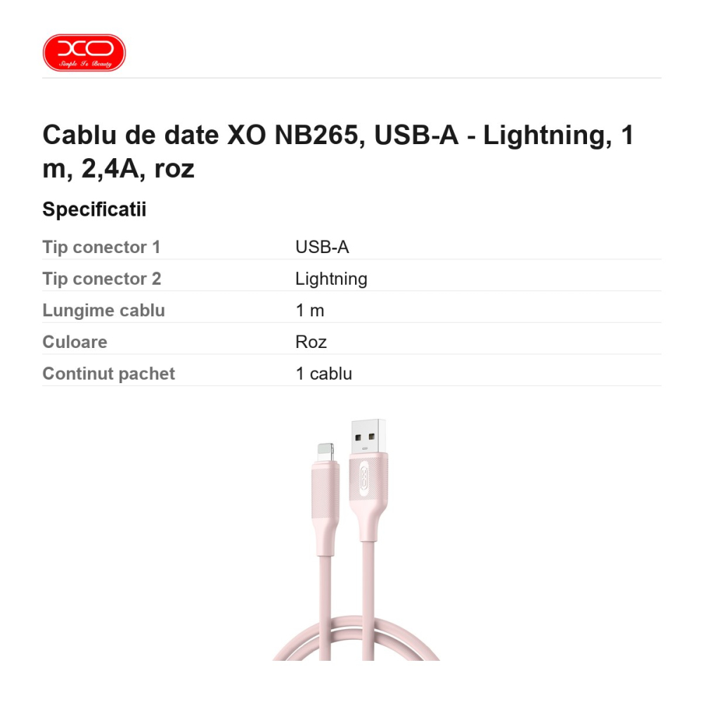 Cablu de date XO NB265, USB-A - Lightning, 1 m, 2,4A, roz [3]