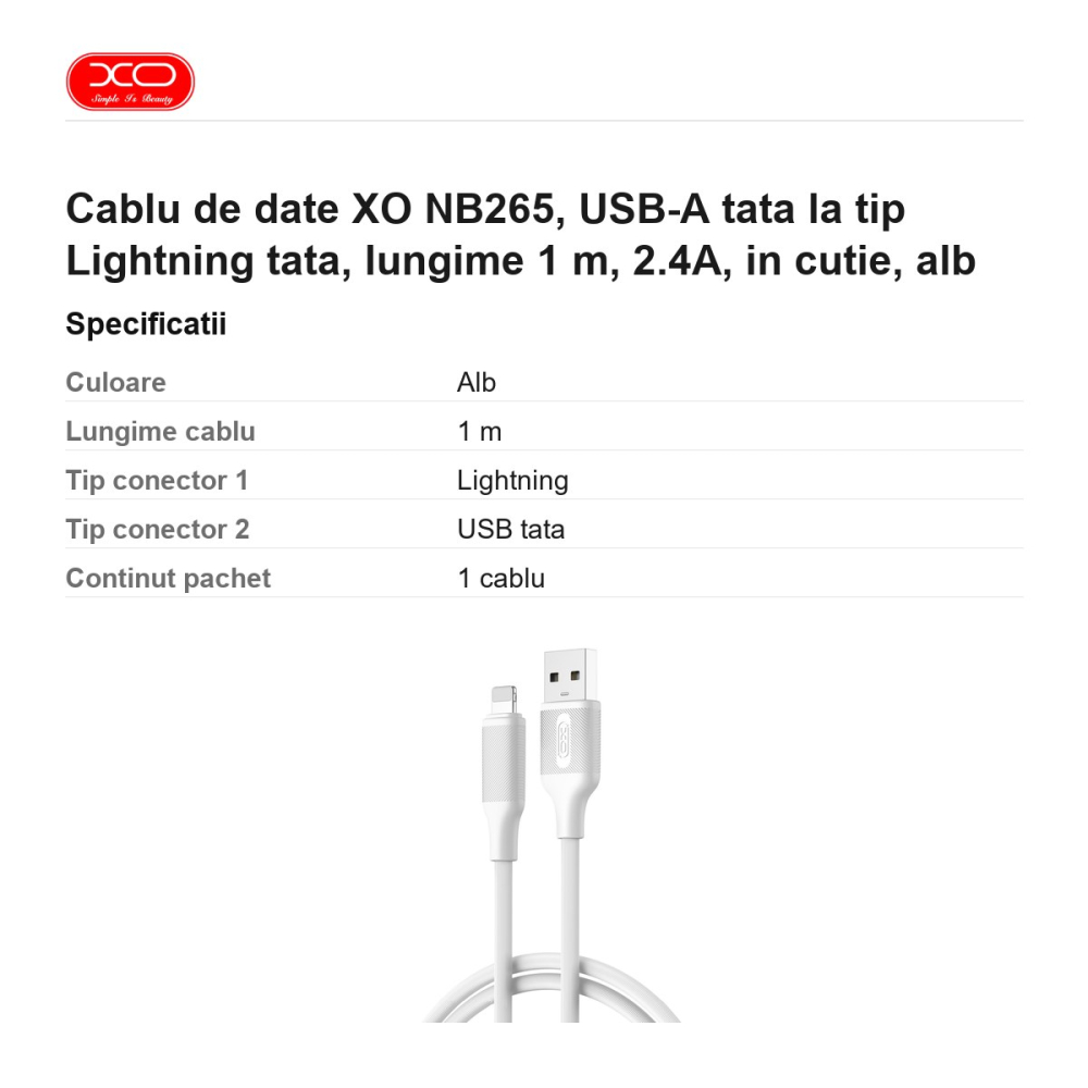 Cablu de date XO NB265, USB-A tata la tip Lightning tata, lungime 1 m, 2.4A, in cutie, alb [3]