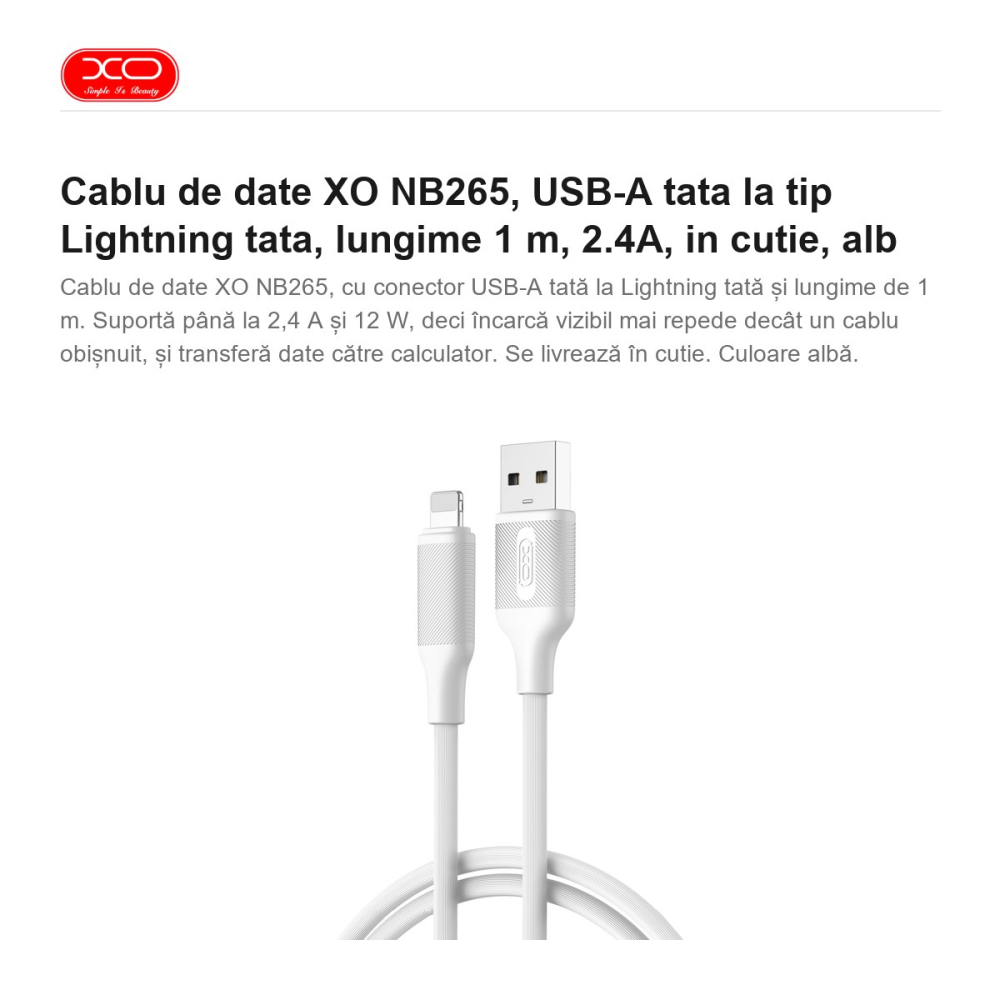 Cablu de date XO NB265, USB-A tata la tip Lightning tata, lungime 1 m, 2.4A, in cutie, alb [2]