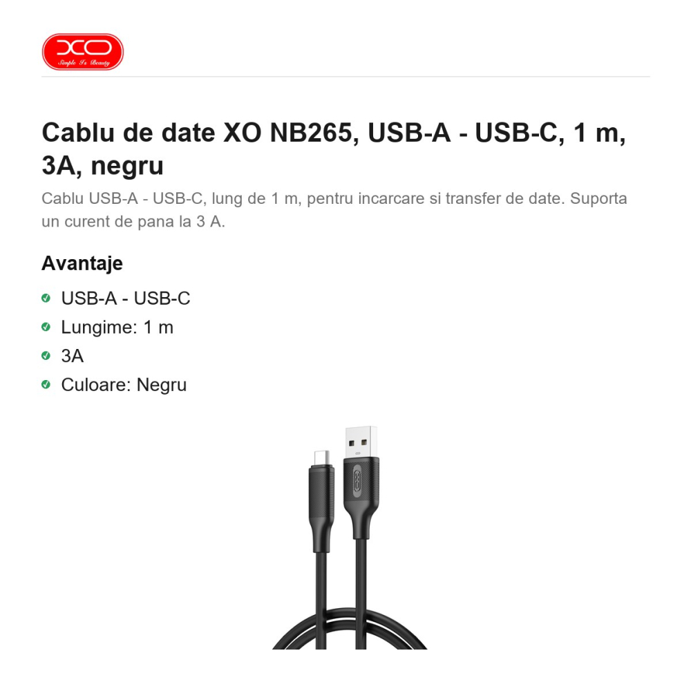 Cablu de date XO NB265, USB-A - USB-C, 1 m, 3A, negru [2]
