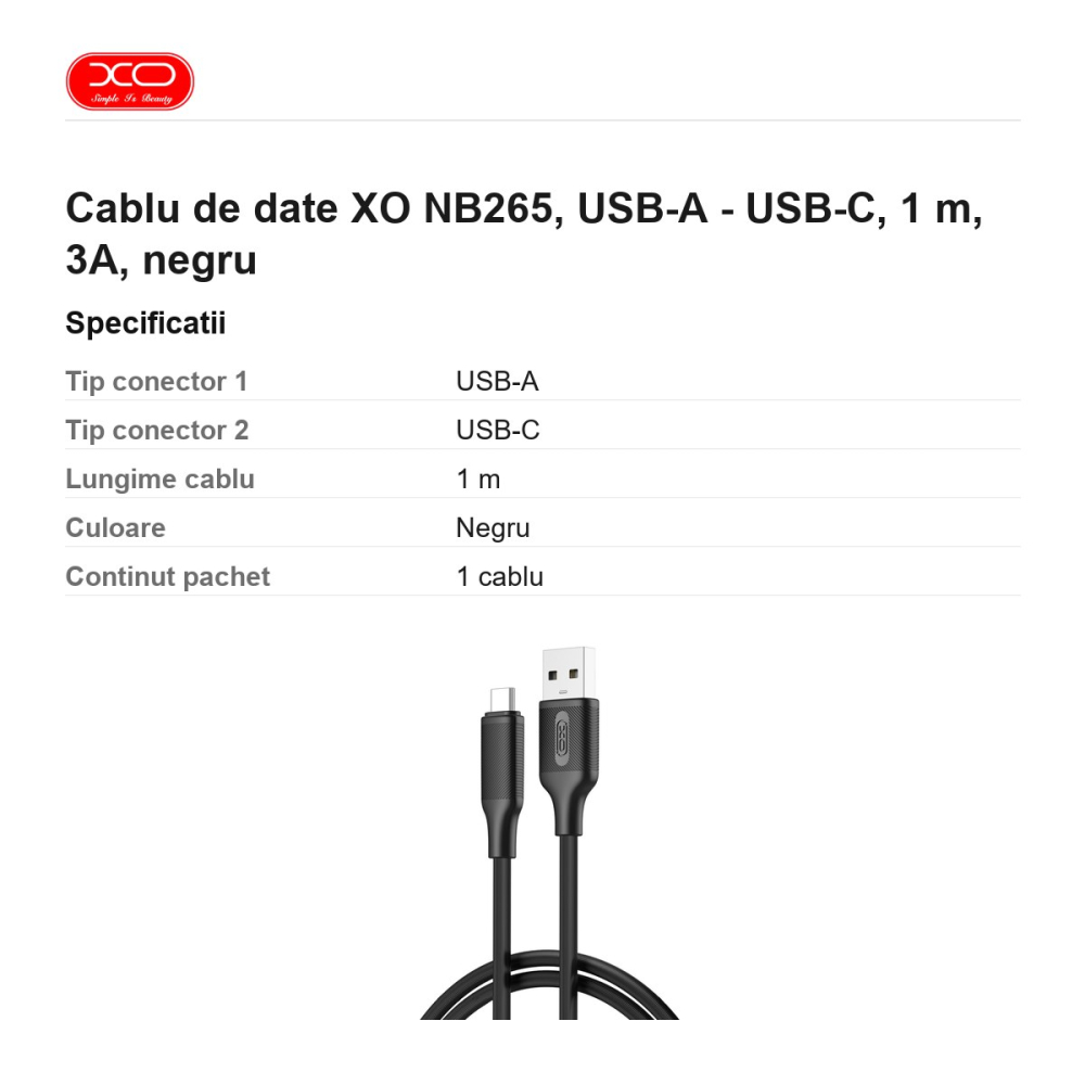 Cablu de date XO NB265, USB-A - USB-C, 1 m, 3A, negru [3]