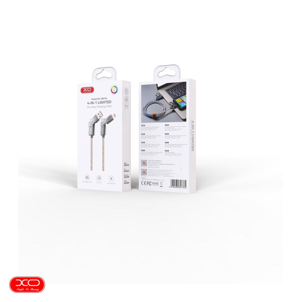Cablu de date XO NB276 4 in 1, la un capat are conectori USB-C tata cu USB-A tata iar la celalalt capat are USB-C tata cu tip lightning tata, 60W, PD, lungime 1m, in cutie, gri [4]