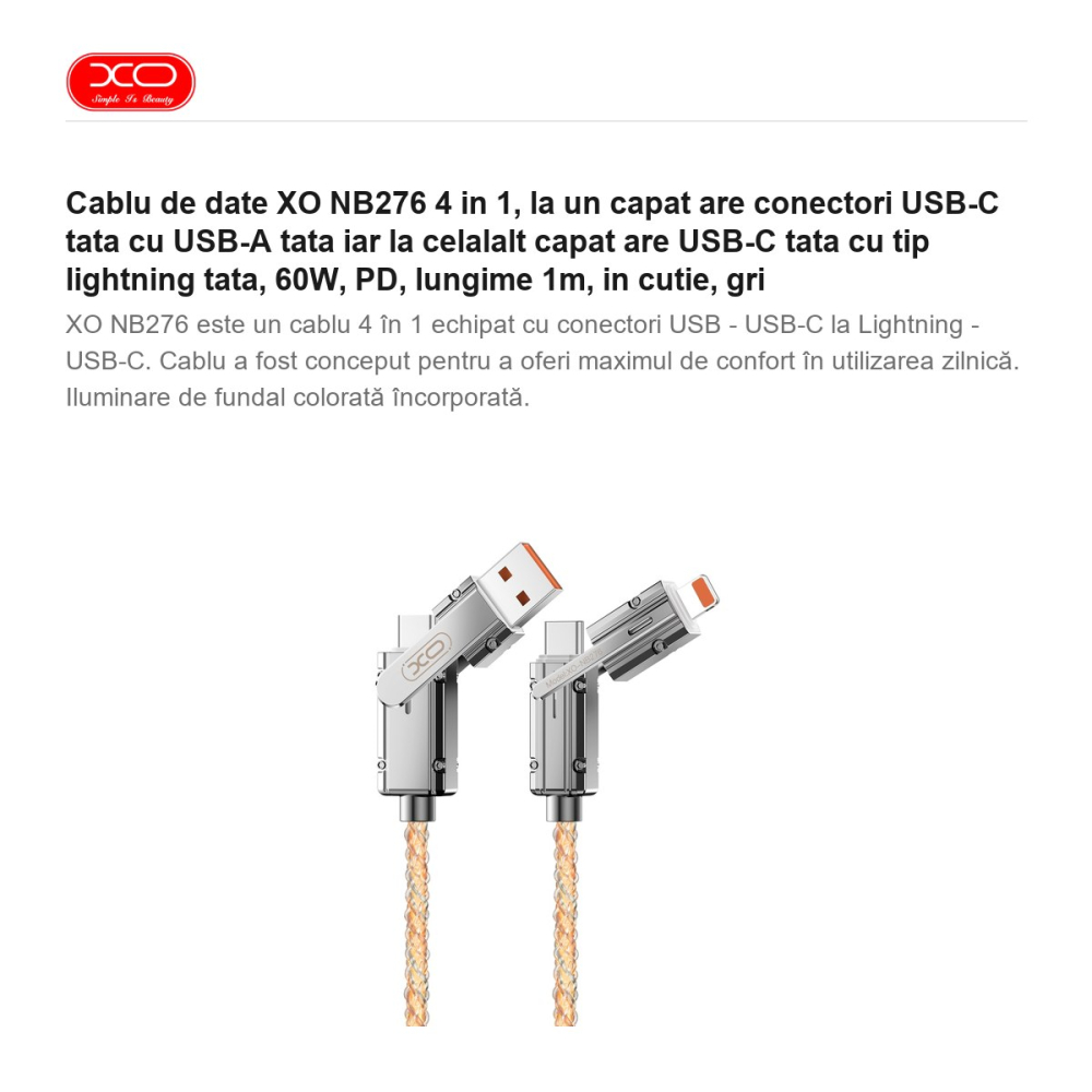Cablu de date XO NB276 4 in 1, la un capat are conectori USB-C tata cu USB-A tata iar la celalalt capat are USB-C tata cu tip lightning tata, 60W, PD, lungime 1m, in cutie, gri [2]
