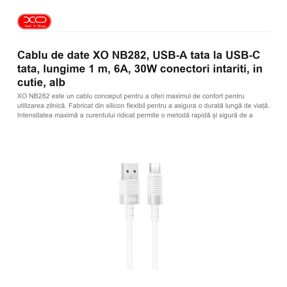 Cablu de date XO NB282, USB-A tata la USB-C tata, lungime 1 m, 6A, 30W conectori intariti, in cutie, alb [2]