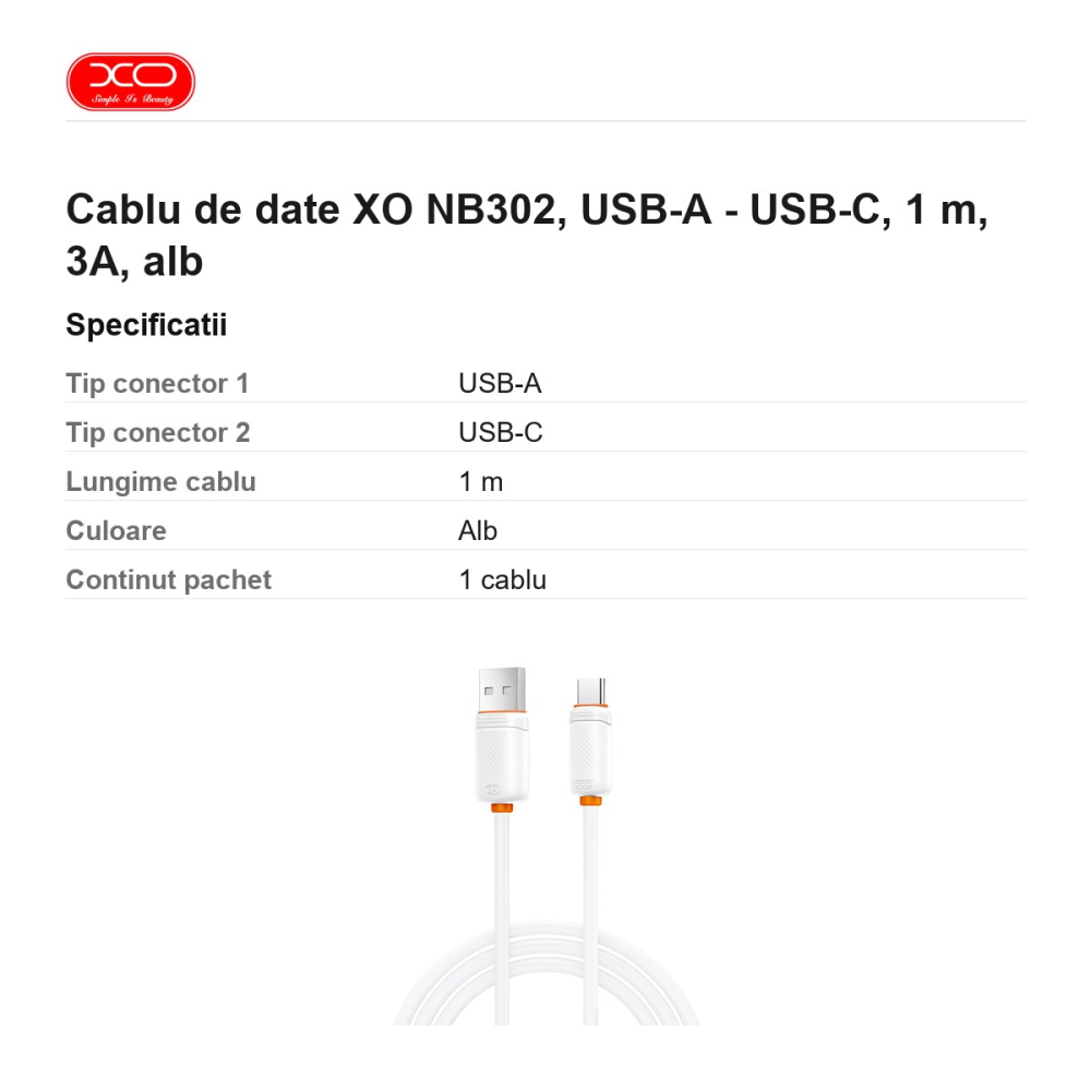 Cablu de date XO NB302, USB-A - USB-C, 1 m, 3A, alb [3]