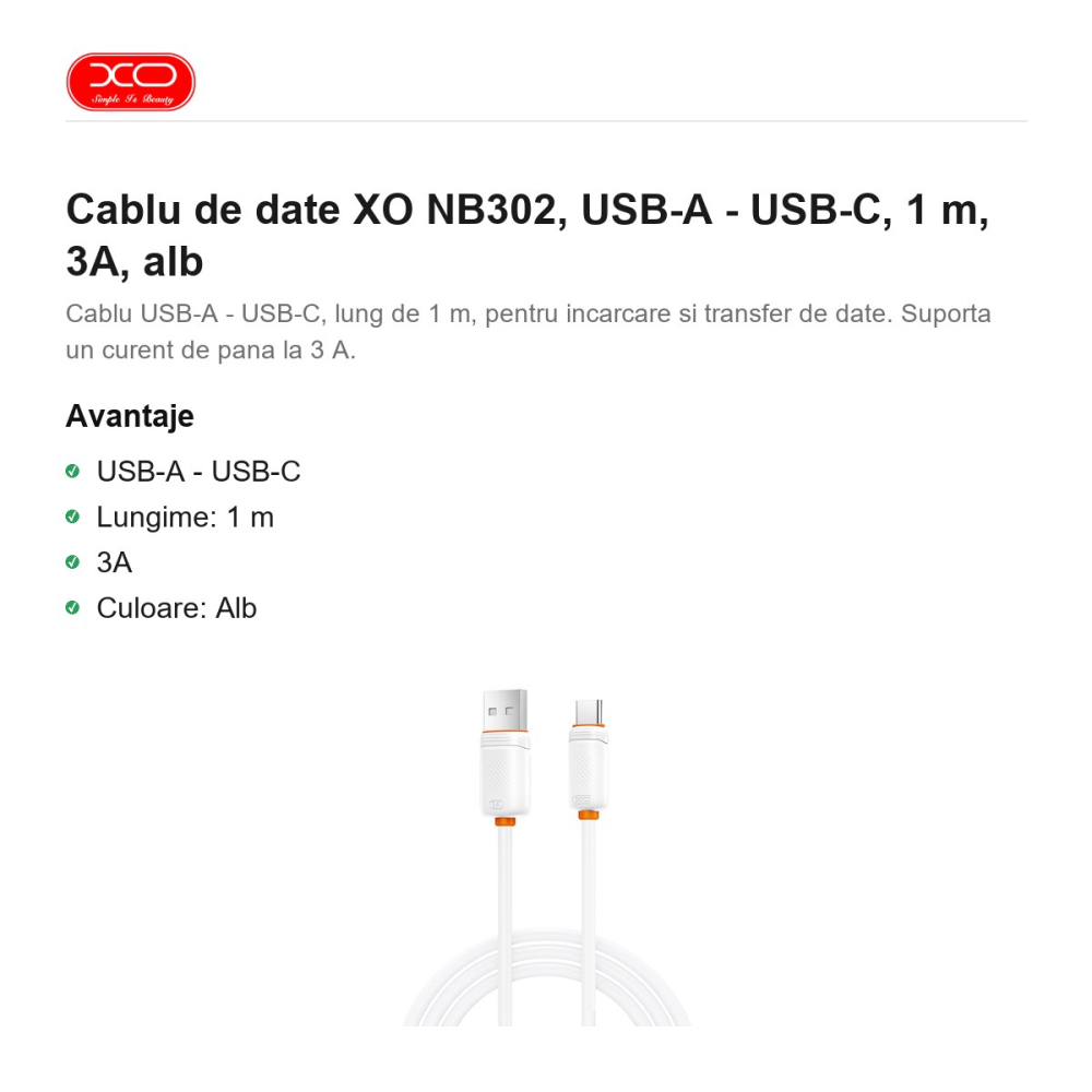 Cablu de date XO NB302, USB-A - USB-C, 1 m, 3A, alb [2]
