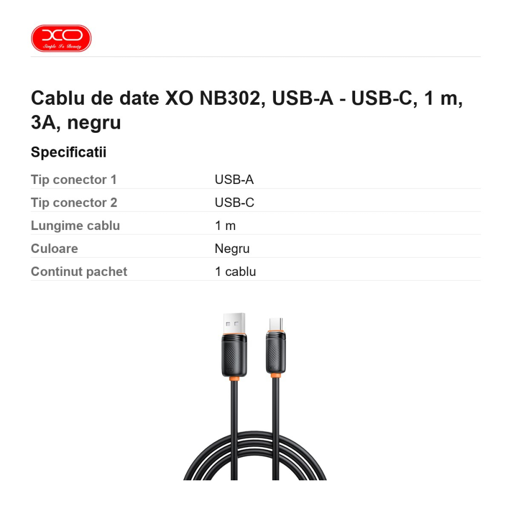 Cablu de date XO NB302, USB-A - USB-C, 1 m, 3A, negru [3]
