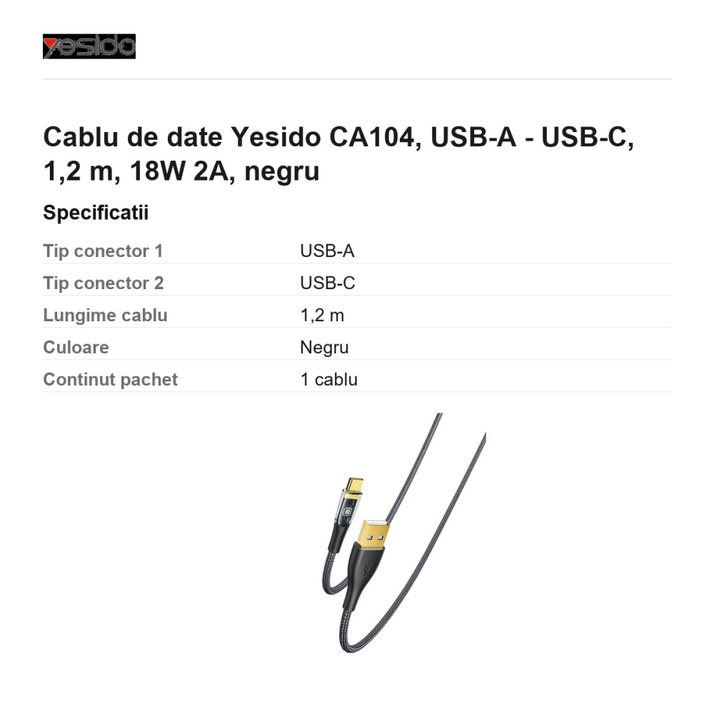 Cablu de date Yesido CA104, USB-A - USB-C, 1,2 m, 18W 2A, negru [3]