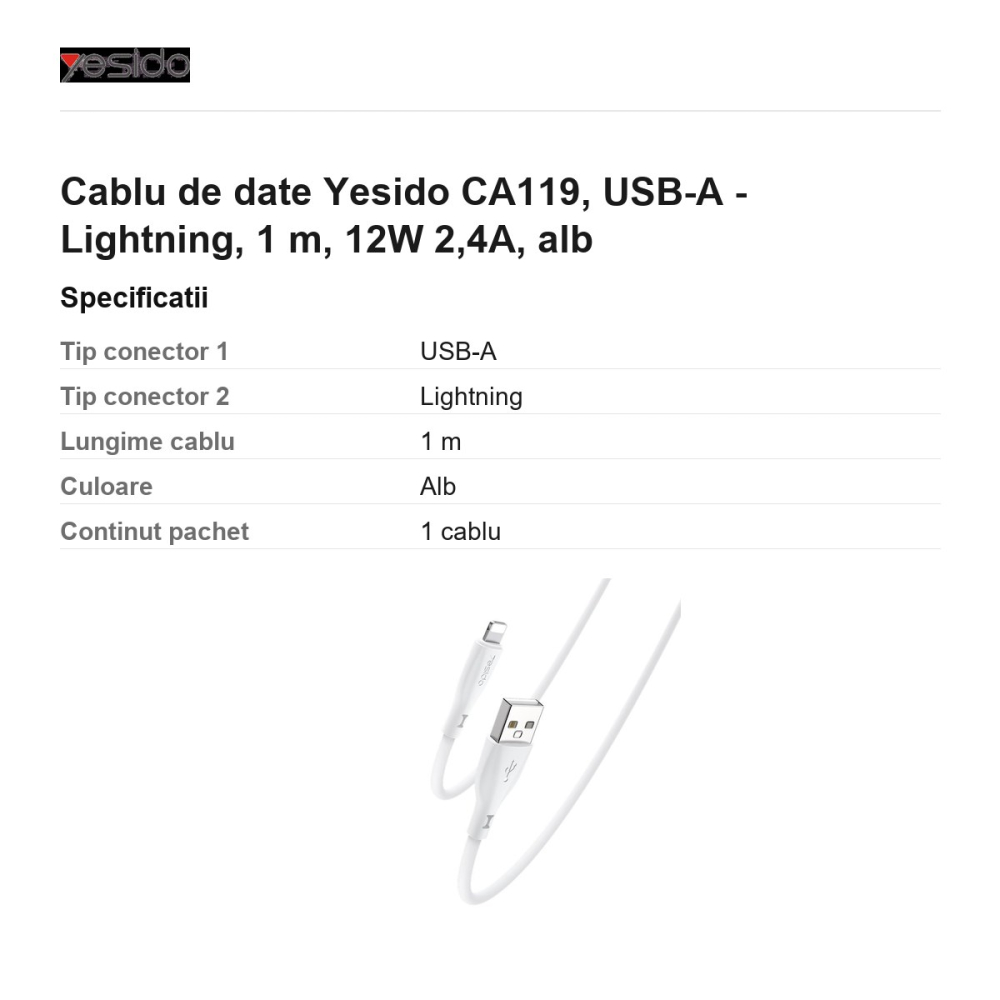 Cablu de date Yesido CA119, USB-A - Lightning, 1 m, 12W 2,4A, alb [3]