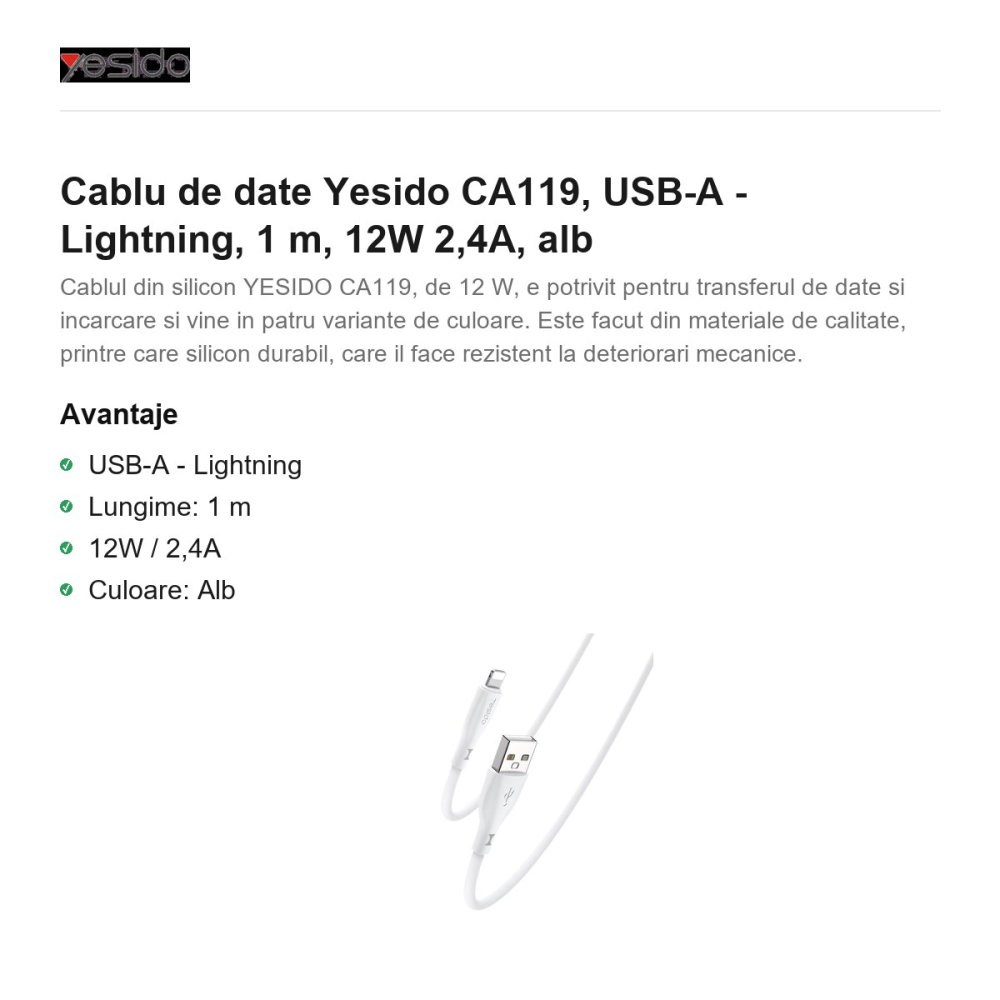 Cablu de date Yesido CA119, USB-A - Lightning, 1 m, 12W 2,4A, alb [2]