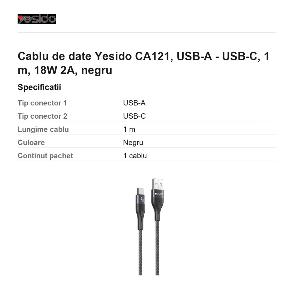 Cablu de date Yesido CA121, USB-A - USB-C, 1 m, 18W 2A, negru [3]