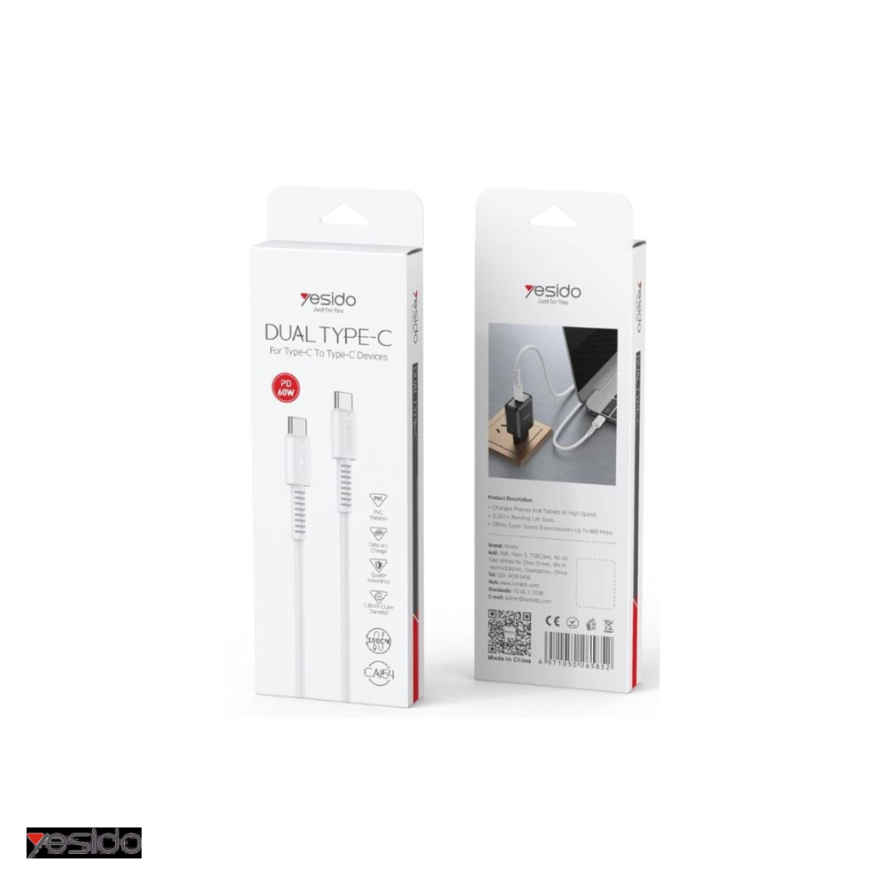 Cablu de date Yesido CA154, USB-C - USB-C, 1 m, 60W 3A, alb [4]