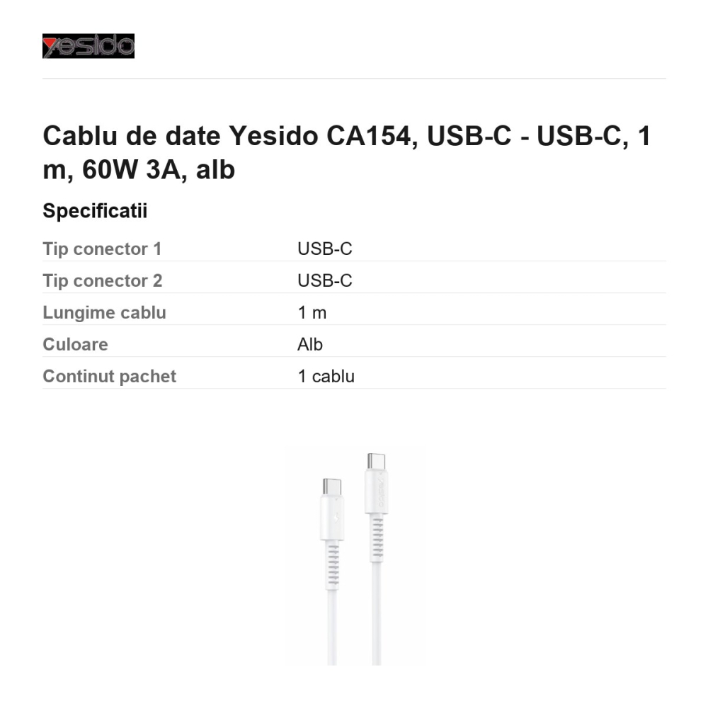 Cablu de date Yesido CA154, USB-C - USB-C, 1 m, 60W 3A, alb [3]