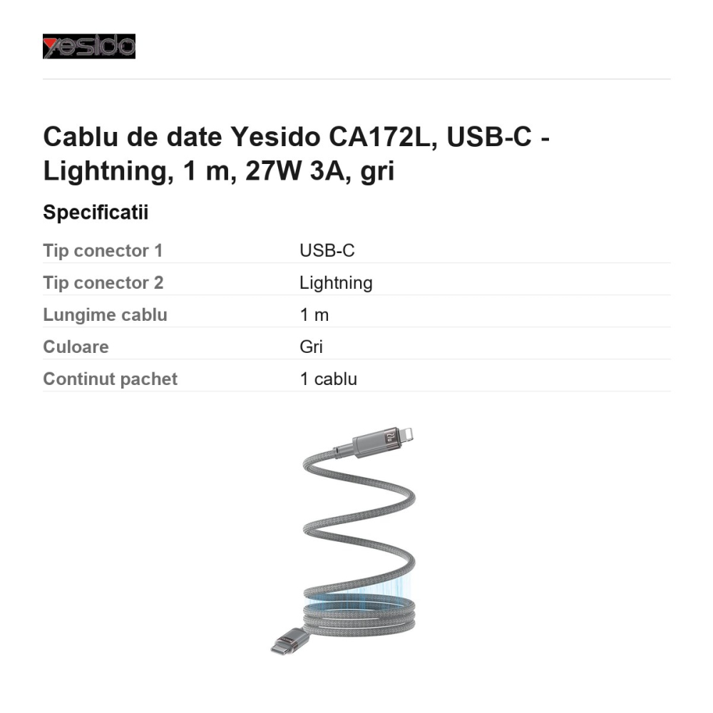 Cablu de date Yesido CA172L, USB-C - Lightning, 1 m, 27W 3A, gri [3]