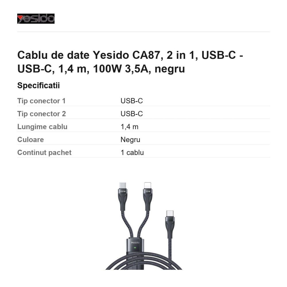 Cablu de date Yesido CA87, 2 in 1, USB-C - USB-C, 1,4 m, 100W 3,5A, negru [3]