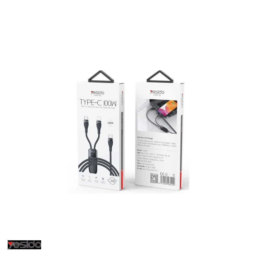 Cablu de date Yesido CA87, 2 in 1, USB-C - USB-C, 1,4 m, 100W 3,5A, negru [4]
