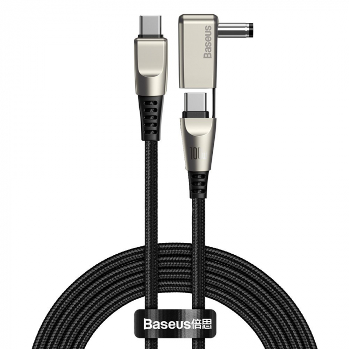 Cablu de incarcare rapida, 5A 100W, 2 in 1, Baseus 22925 CA1T2-A01, cu conectori USB Tip C tata la USB Tip C tata si adaptor DC 5.5 x 2.5 mm tata, lungime 2 m, negru [1]