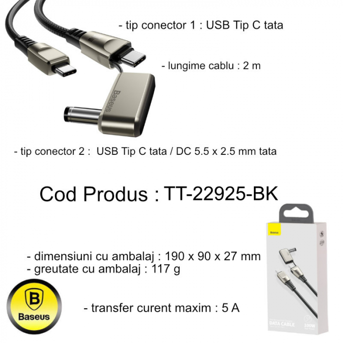 Cablu de incarcare rapida, 5A 100W, 2 in 1, Baseus 22925 CA1T2-A01, cu conectori USB Tip C tata la USB Tip C tata si adaptor DC 5.5 x 2.5 mm tata, lungime 2 m, negru [9]