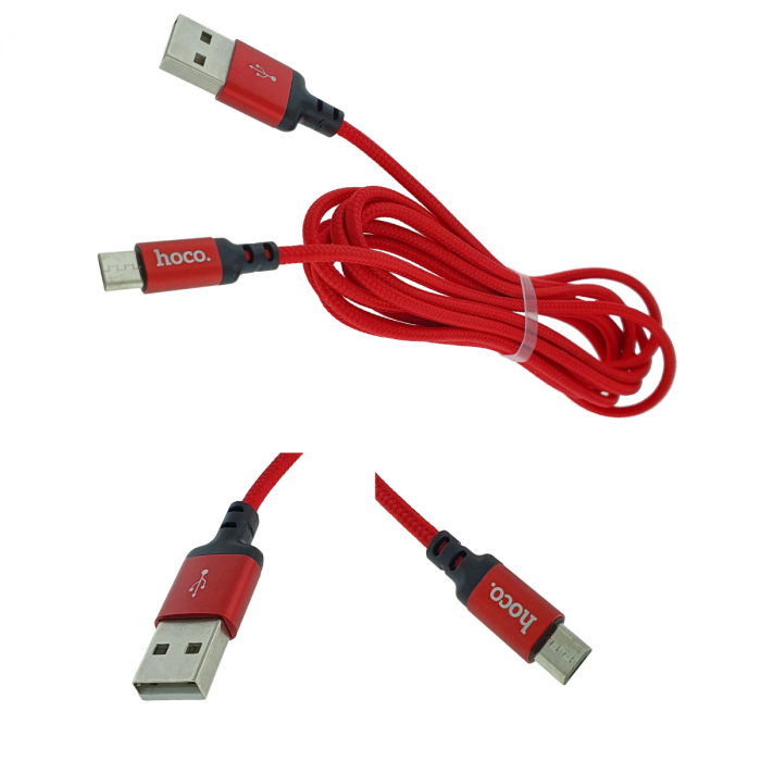 Cablu de incarcare si date cu conectori USB-A tata la micro-USB tata, HOCO 06291, X14 Times Speed, 2A, lungime 2m, invelis textil, rosu [4]
