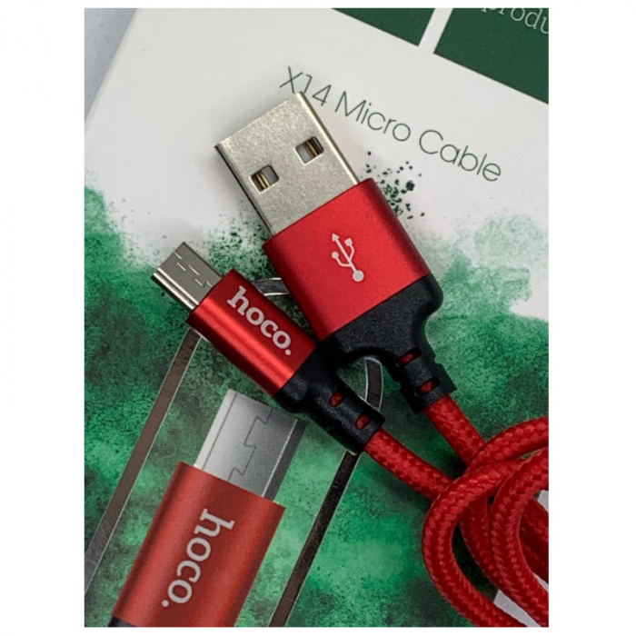 Cablu de incarcare si date cu conectori USB-A tata la micro-USB tata, HOCO 06291, X14 Times Speed, 2A, lungime 2m, invelis textil, rosu [7]