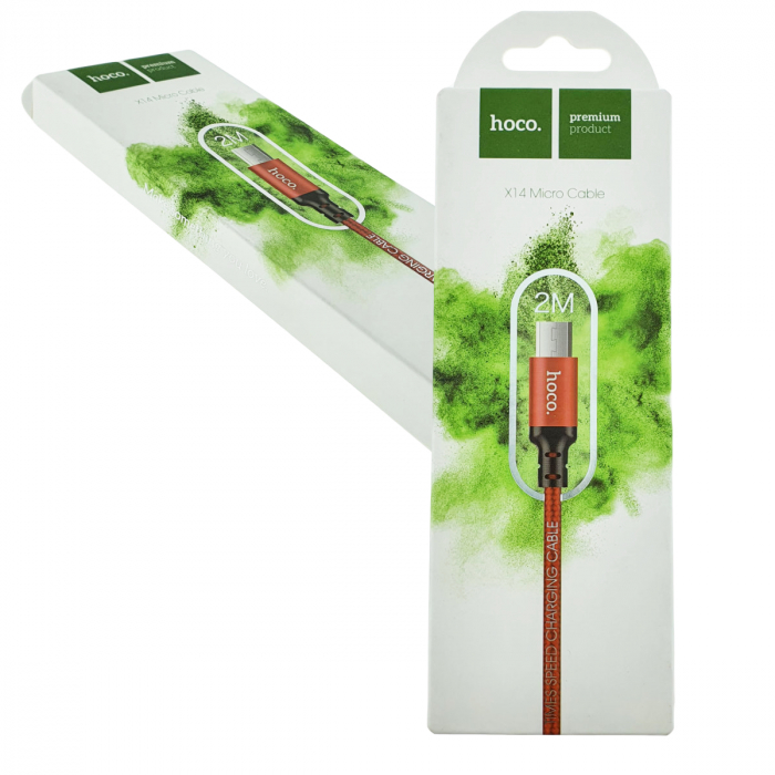Cablu de incarcare si date cu conectori USB-A tata la micro-USB tata, HOCO 06291, X14 Times Speed, 2A, lungime 2m, invelis textil, rosu [5]