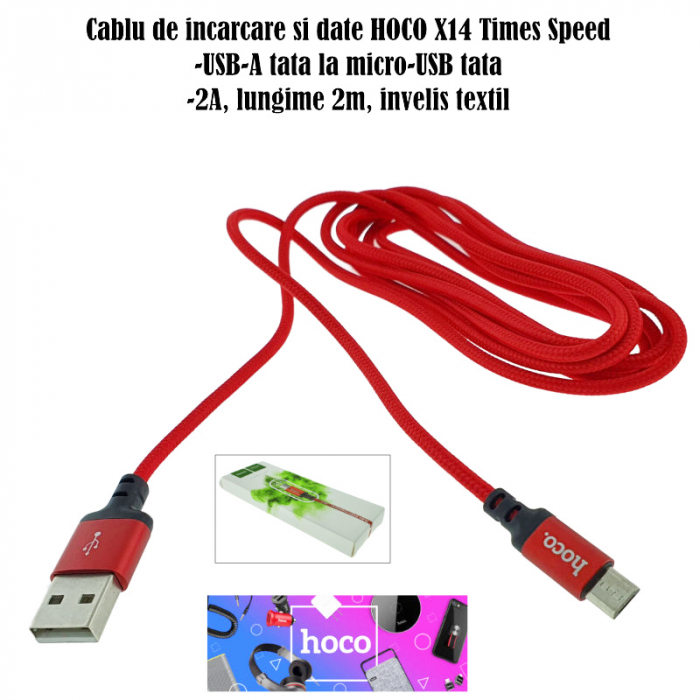 Cablu de incarcare si date cu conectori USB-A tata la micro-USB tata, HOCO 06291, X14 Times Speed, 2A, lungime 2m, invelis textil, rosu [6]