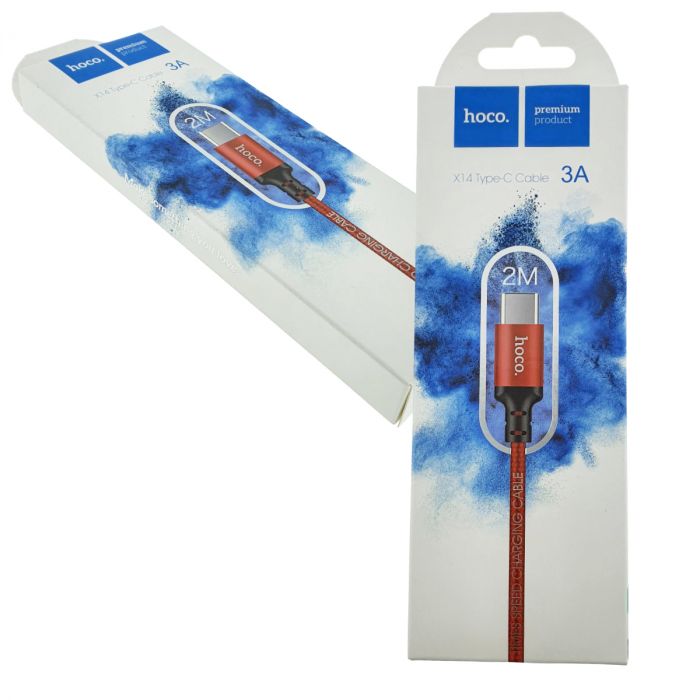 Cablu de incarcare si date cu conectori USB-A tata la USB-C tata, HOCO 06293, X14 Times Speed, 3A, lungime 2m, invelis textil, rosu [5]