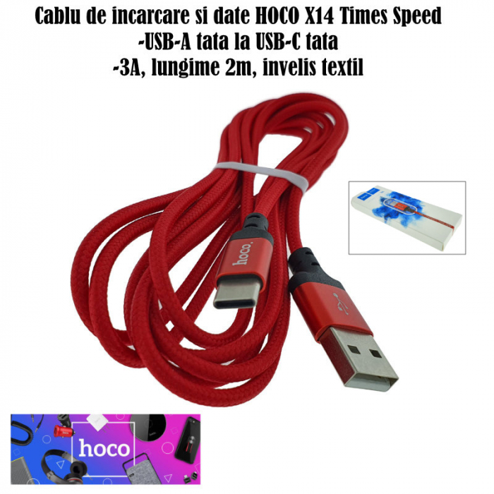 Cablu de incarcare si date cu conectori USB-A tata la USB-C tata, HOCO 06293, X14 Times Speed, 3A, lungime 2m, invelis textil, rosu [6]