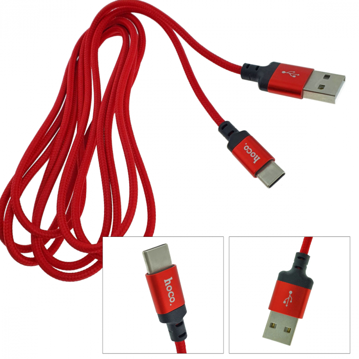 Cablu de incarcare si date cu conectori USB-A tata la USB-C tata, HOCO 06293, X14 Times Speed, 3A, lungime 2m, invelis textil, rosu [4]
