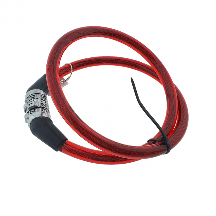 Antifurt bicicleta, de siguranta si protejare, lungime 60 cm, inchidere cu cifru, invelis flexibil din PVC siliconat rosu [3]