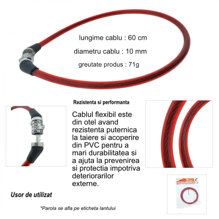 Antifurt bicicleta, de siguranta si protejare, lungime 60 cm, inchidere cu cifru, invelis flexibil din PVC siliconat rosu [6]