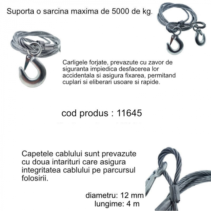 Cablu de remorcare si tractare, lungime 4m, grosime 12mm, sarcina maxima 5 T [5]