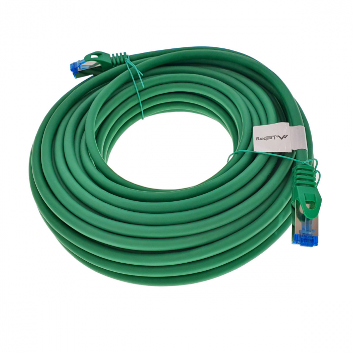 Cablu ecranat S / FTP, Lanberg 42724, cat 6A, mufat 2xRJ45, lungime 15 m, AWG 26, 500 MHz, LSZH, de legatura retea, ethernet, verde [4]