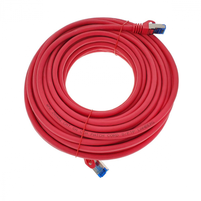 Cablu ecranat S / FTP, Lanberg 42733, cat.6A, lungime 20m, AWG 26, 500 MHz, LSZH, mufat 2xRJ45, ethernet, rosu [2]