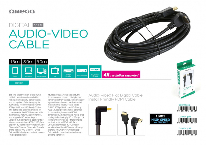 Cablu HDMI v.1.4 Auriu Angular 3m [3]