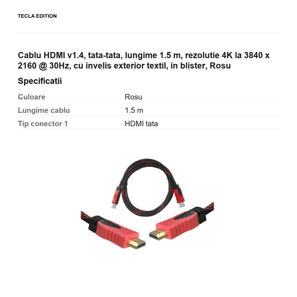 Cablu HDMI v1.4, tata-tata, lungime 1.5 m, rezolutie 4K la 3840 x 2160 @ 30Hz, cu invelis exterior textil, in blister, Rosu [3]