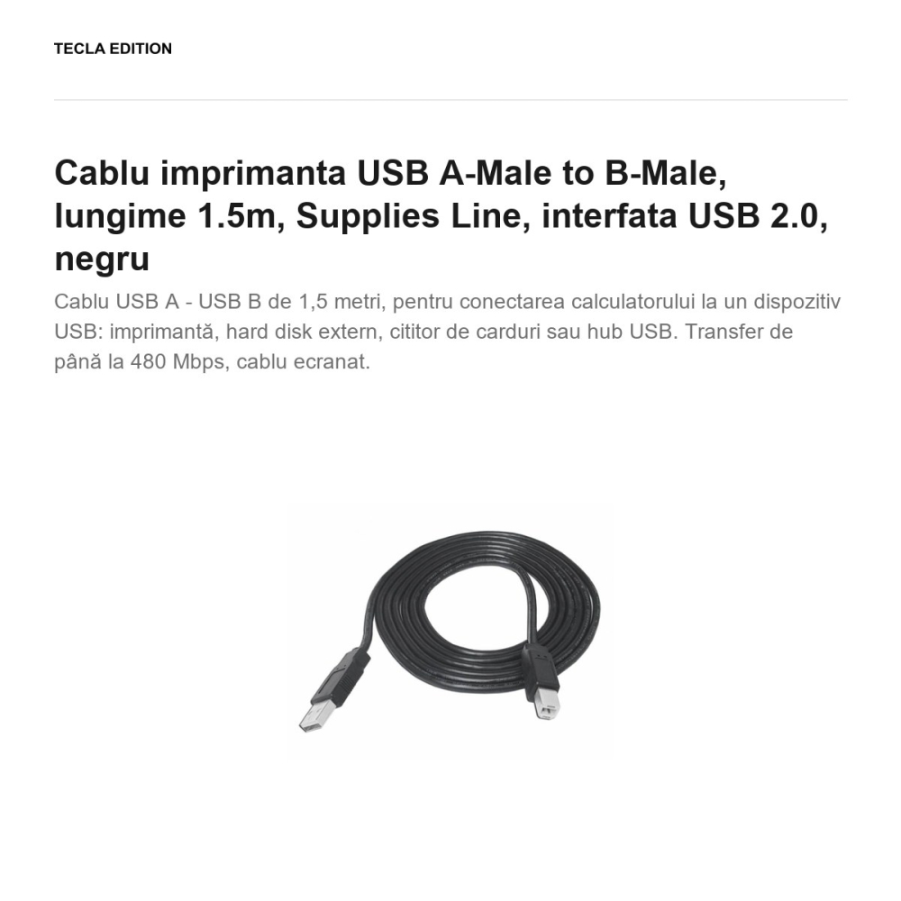 Cablu imprimanta USB A-Male to B-Male, lungime 1.5m, Supplies Line, interfata USB 2.0, negru [2]